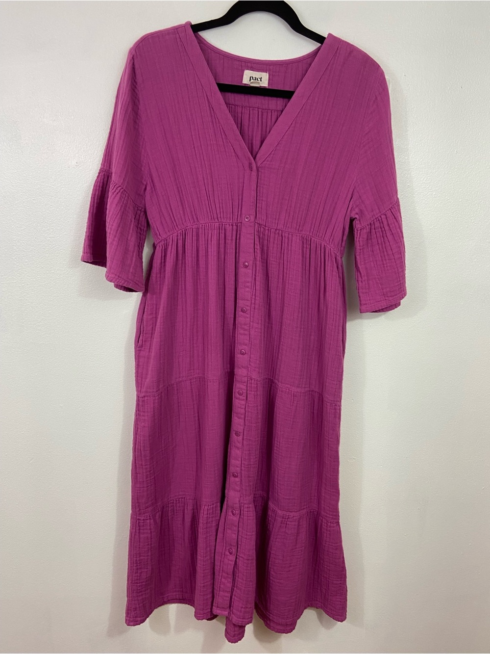 Pact Magenta Purple Organic Cotton Gauze V-Neck Dress Womens Small Tiered